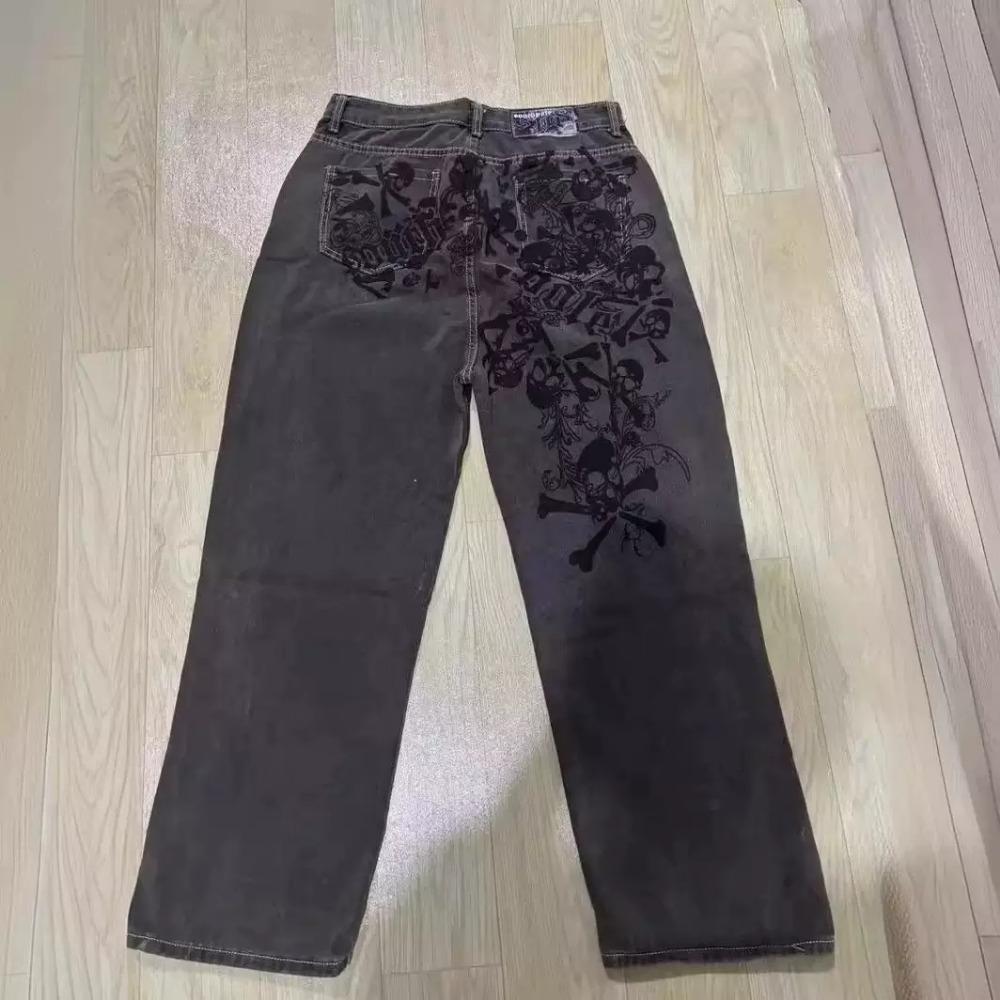 Zyllo American Harajuku Vintage Print Jeans Y2K Women Washed Gray Straight Pants Street Gothic Loose Unisex Trousers Tide L