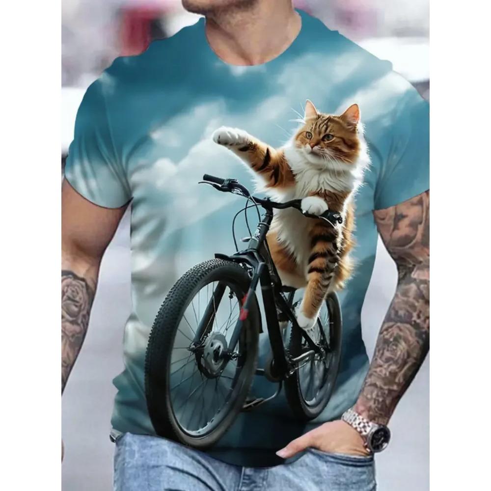 Men's Casual 3D Cute Cat Print T-Shirt, Crew Neck Short Sleeve, Street Sportswear, Outdoor Top, Loose Fit Clothing