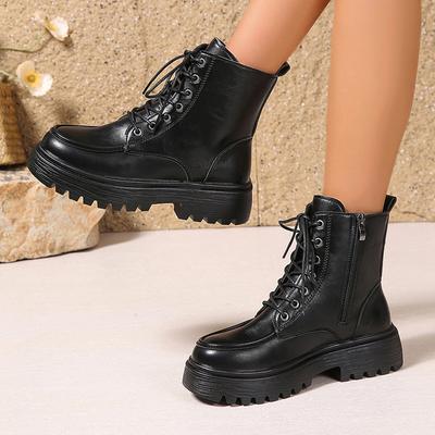 Mode Herbst Winter Damen Plateau Stiefeletten PU Leder Schnürstiefel Motorradschuhe Damenmode Dicke Sohle Reißverschluss Kurze Stiefel Frau