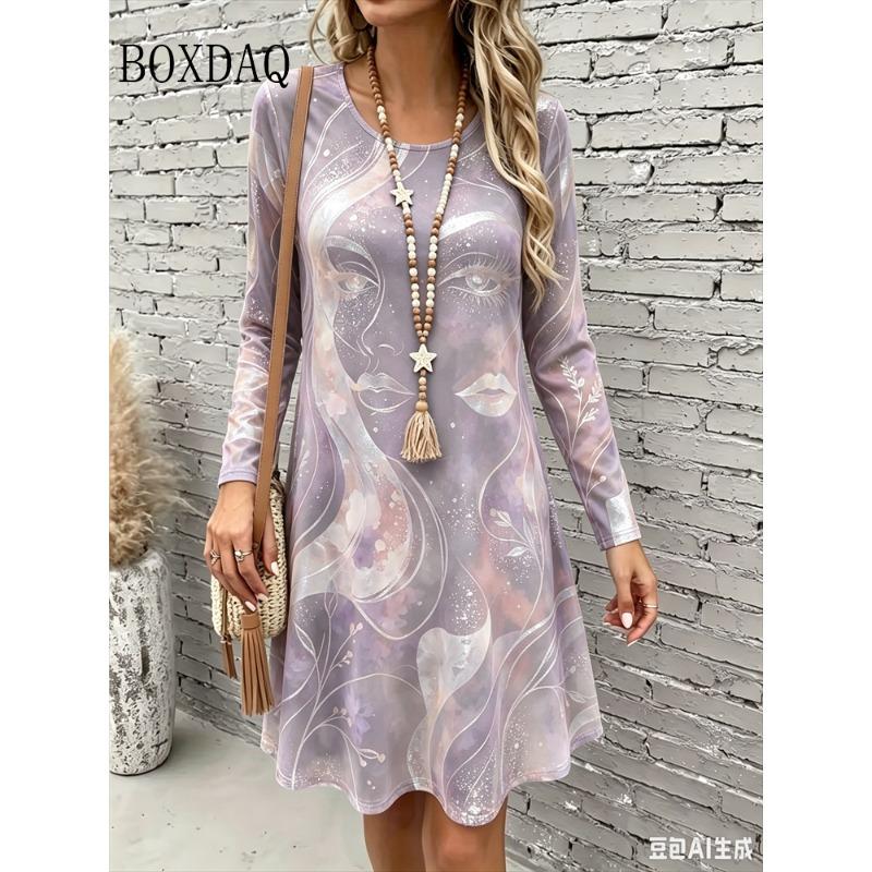 Dress Women's 2026 Autumn Fashion Streetwear Clothing Abstract Painting Face Print Dresses Loose Casual Long Sleeve A-Line Dress