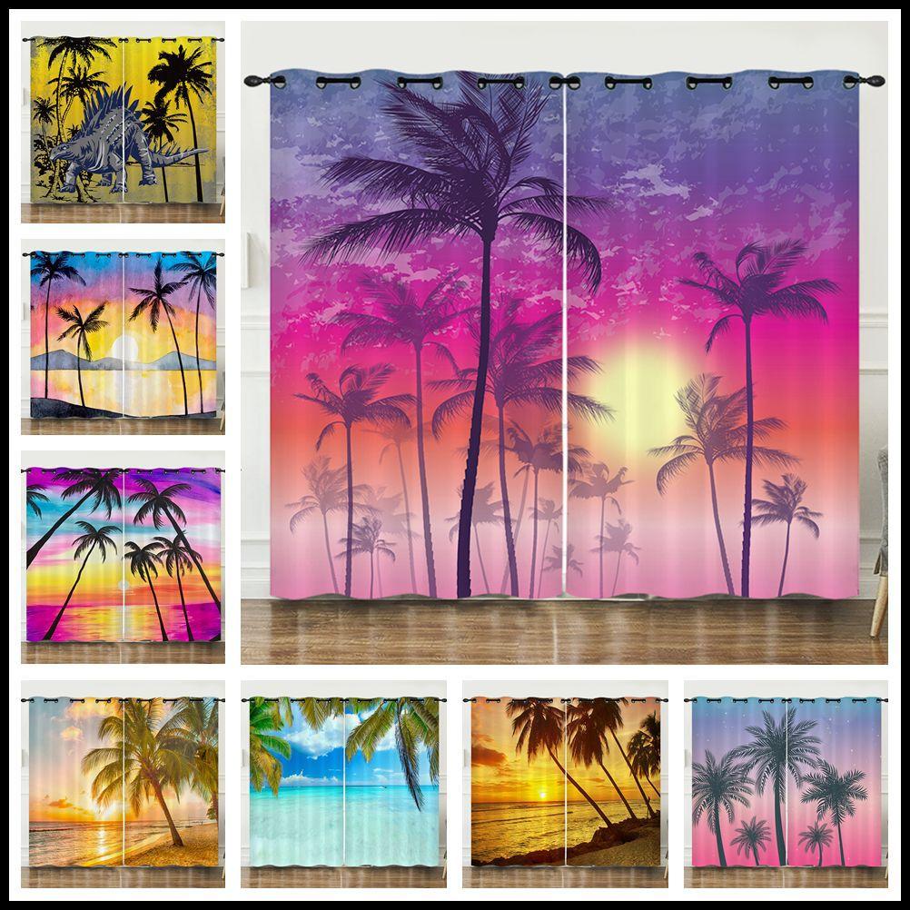 Curtain Summer Coconut Tree Sunset Landscape 3D Digital Printing Blackout Curtain Punching