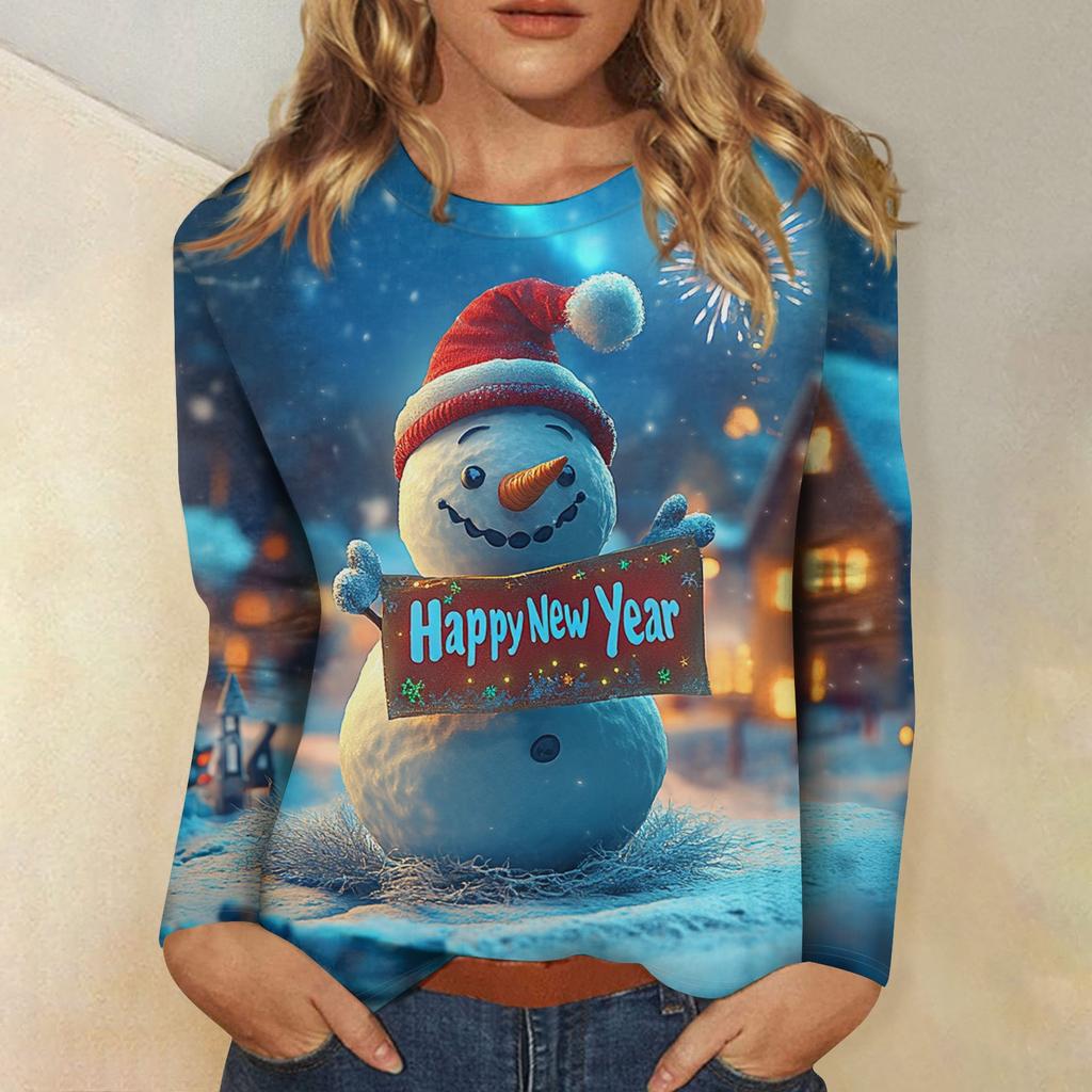 Women's Casual Fashion Sexy Comfortable Christmas Printed Round Neck Long Sleeve Top
