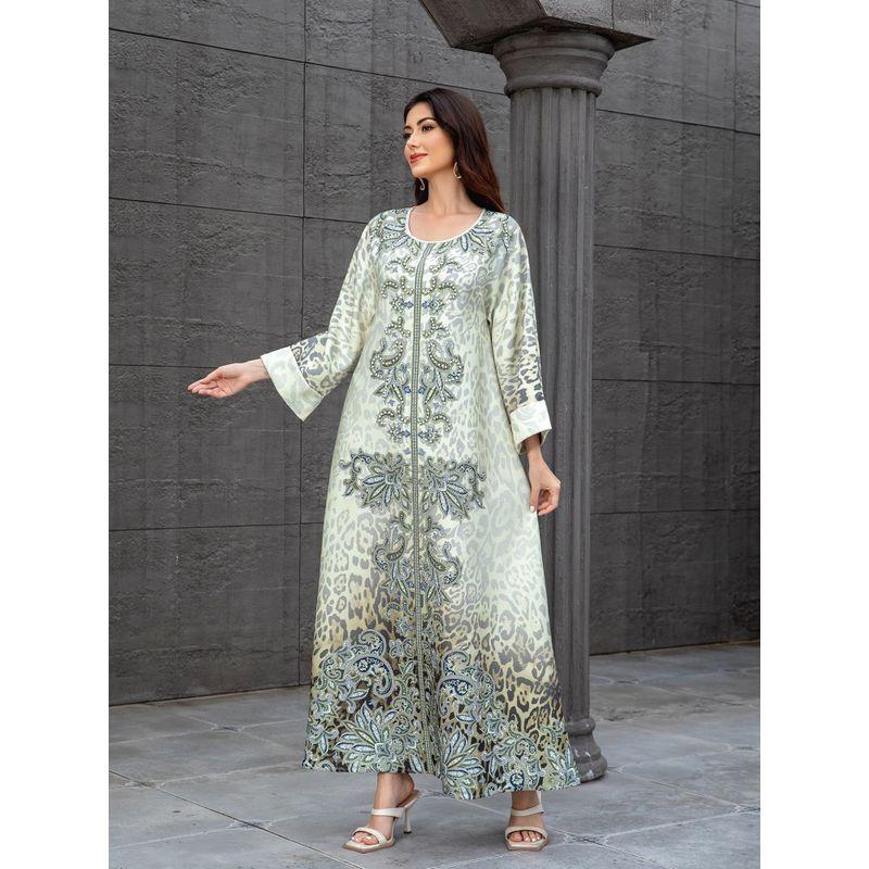 Middle East Cross Border Women clothes Dubai Robe Leopard Print Print Beads Hot Drilling Arab Length Plus size dresses Dress