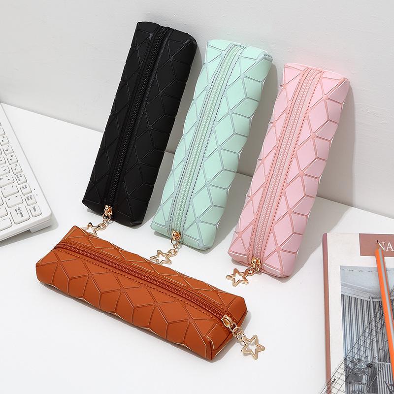 Diamond Lattice PU Leather Large Capacity Pencil Case - Stylish Student Stationery Organizer