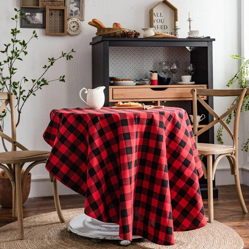 Christmas Tablecloth Round Plaid Tablecloth Wrinkle Resistant Rustic Christmas Checkered Table Cloth For Holiday Party Dining