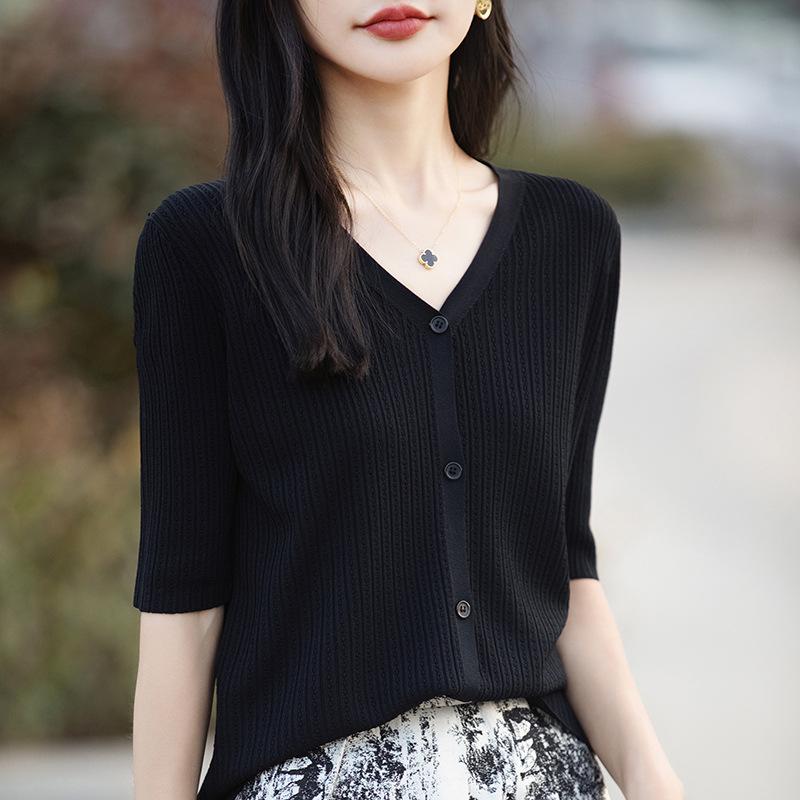 Women's 5/ Sleeve Cardigan V Neck Elegant Twist Knit Top