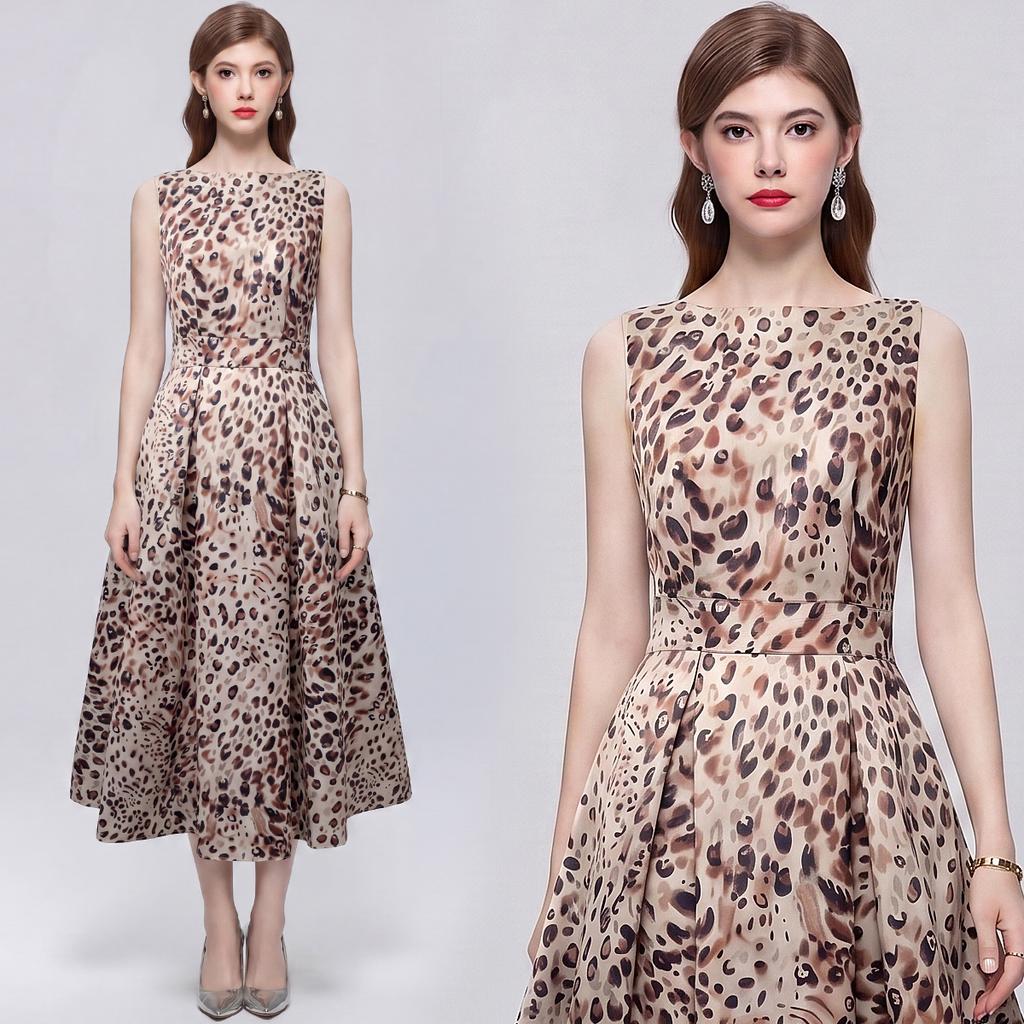 Elegant Sleeveless Leopard Print Summer Dress Women's Round Neck Three-Dimensional Cutting Drapped Slim Party Dresses Robes