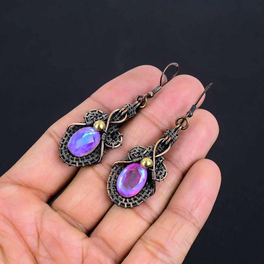 Pink Mystic Topaz 999 Copper Wire Wrapped Earrings, Handmade Gemstone Earrings Jewelry, Gifts For Wife Brand New Earrings