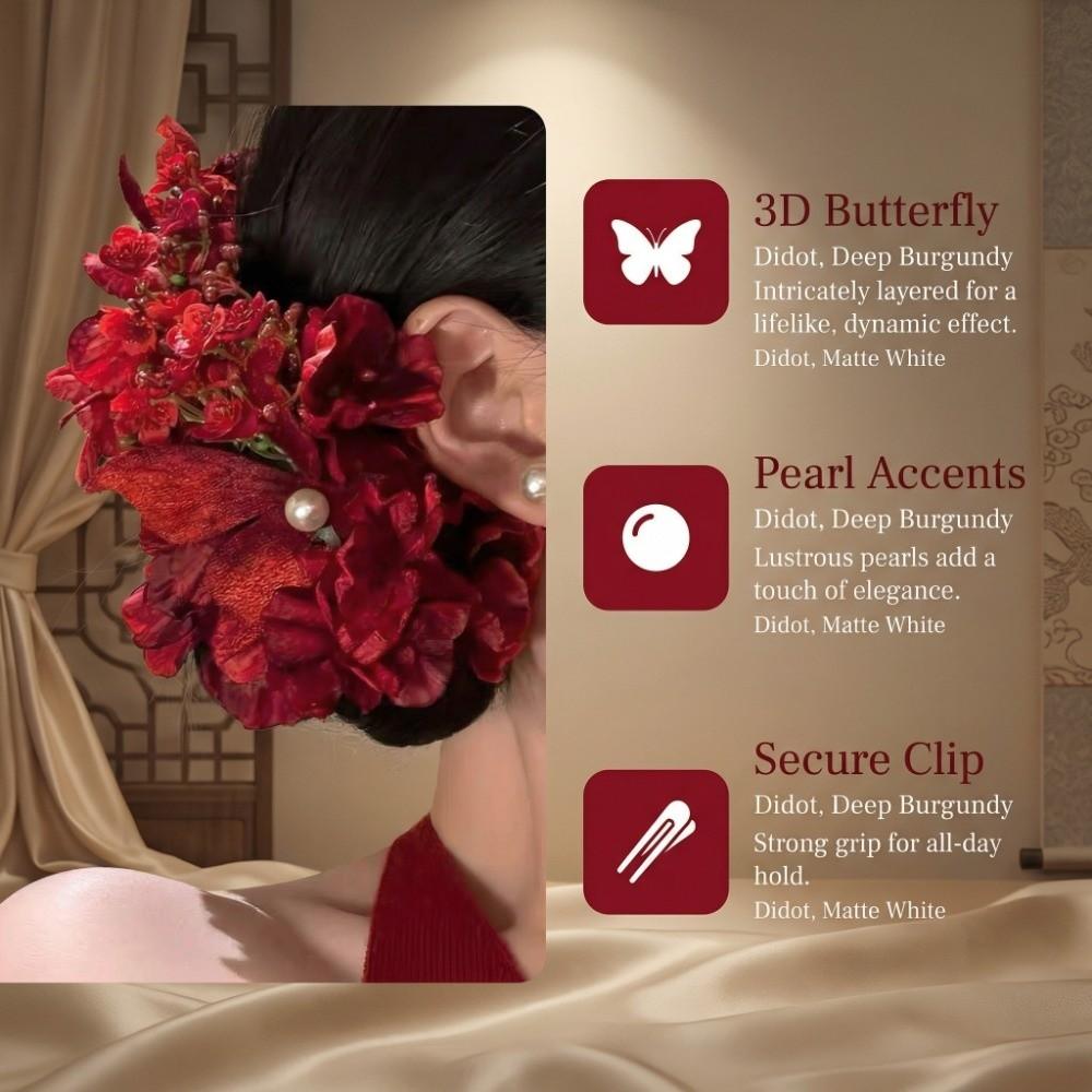 Red Chinese Style Hair Clip Butterfly Flower Hairpin Elegant Hanfu Hair Accessories  Wedding Party