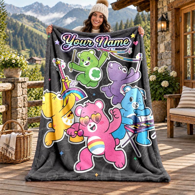 Care Bear Custom Name Flannel Blanket Personalized Soft Warm Plush Throw Blanket Customized Gift for Family Friends