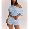 2026 Womens Striped Slim Fit Off-Shoulder Short Sleeve Top High-Waisted Shorts 2-Piece Casual Set
