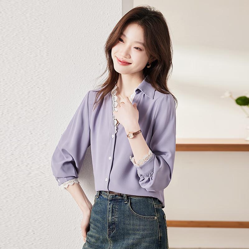 Troloman Women's Lace Trim V-Neck Long Sleeve Blouse