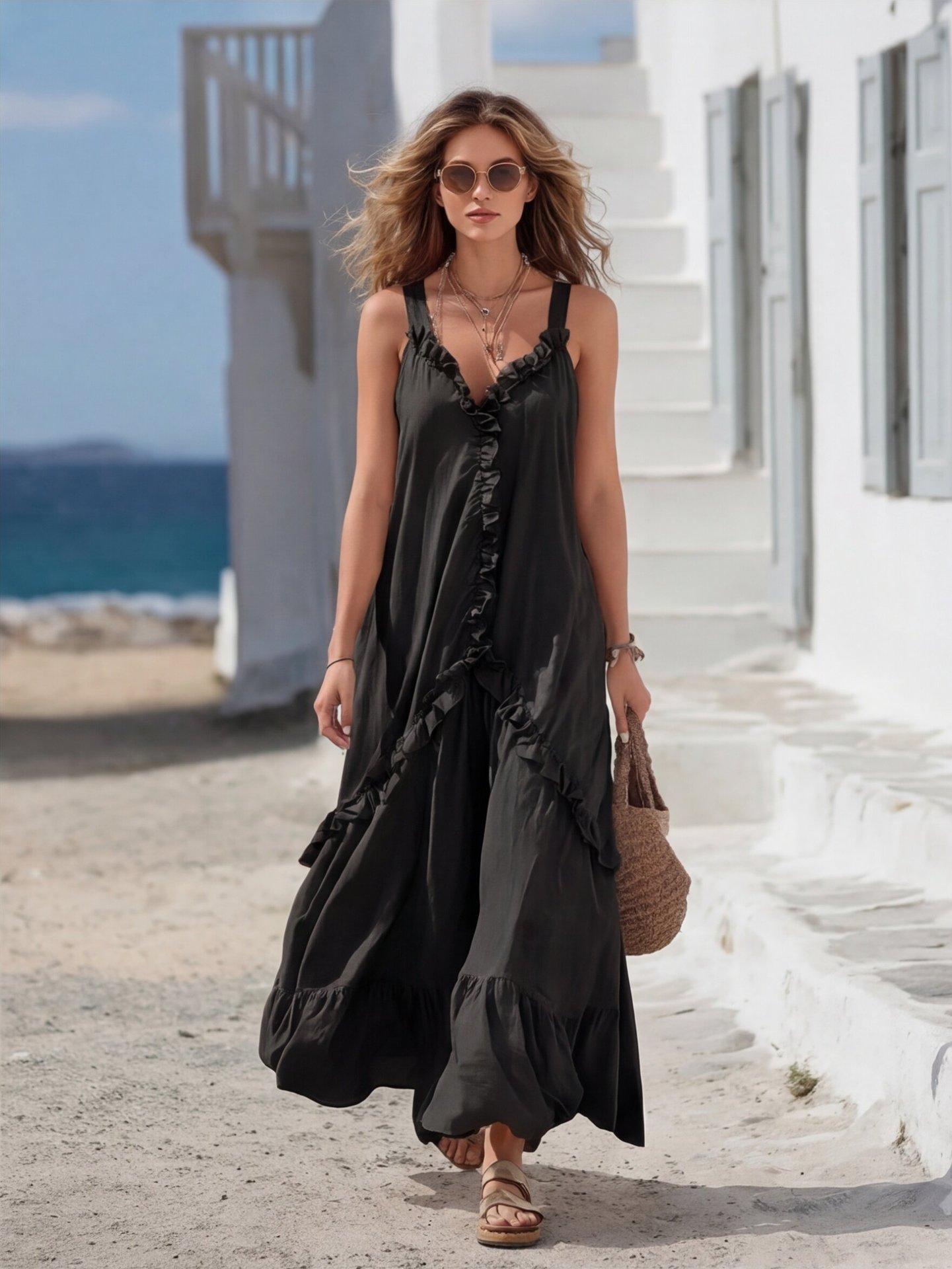 

Women Bohemian Vacation Style Cotton Linen Casual Maxi Dress Ruffle Trim Sleeveless Long Dress Summer Beachwear M чёрный
