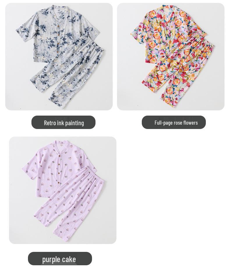 Children's Cotton Silk Pajama Set - Medium Sleeve, Long Pants, Cartoon Print, Thin, for Boys, Girls, and Babies.