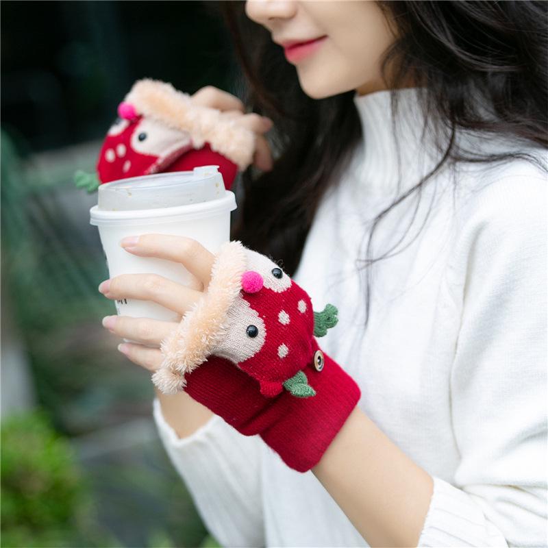 Children's Winter Cartoon Reindeer Flip-Top Half-Finger Gloves, Ages 4-10, Boys & Girls, Plus Velvet, Thick Cotton, Warm.