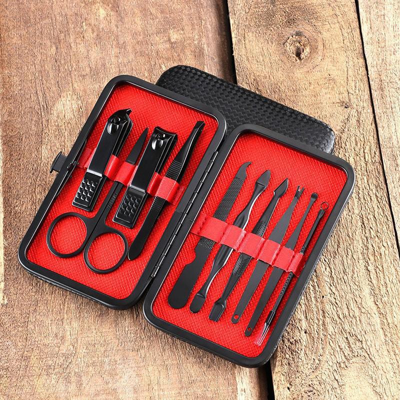24-Piece Black & Red Manicure Set: Nail Clippers, Tweezers, Ear Pick, Scissors