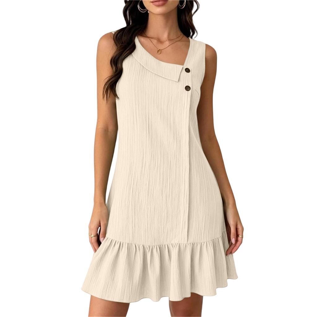 Ärmelloses Falten-Freizeitkleid mit Rüschensaum Knopfdetails Lockere Passform Sommerurlaubskleid für Damen
