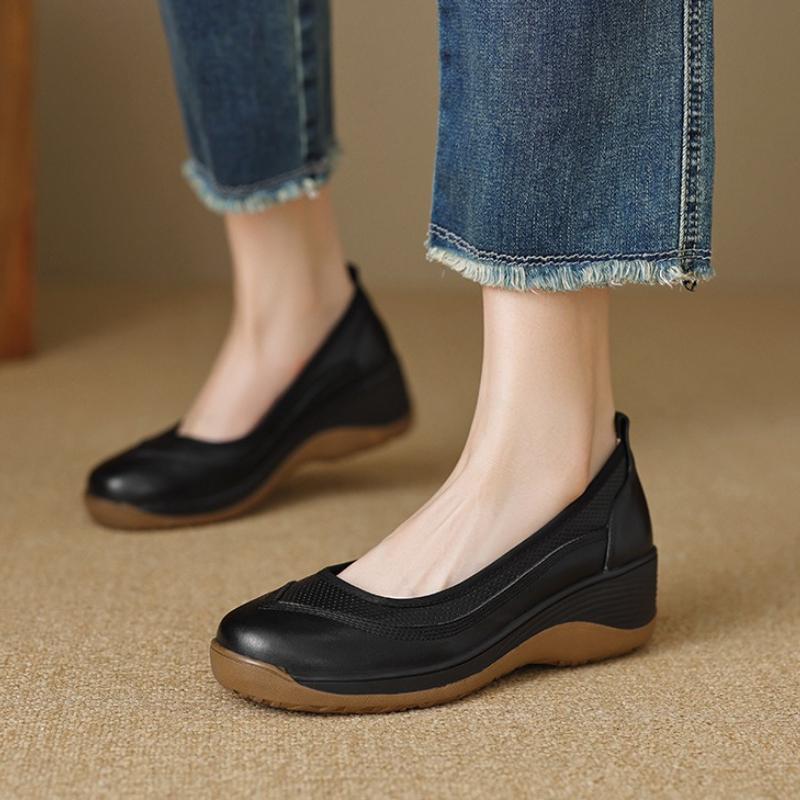 Vintage Light Luxury Thick-soled Loafers Women's Real Leather Round-toe Single Shoes Autumn Casual High-heeled Leather Shoes