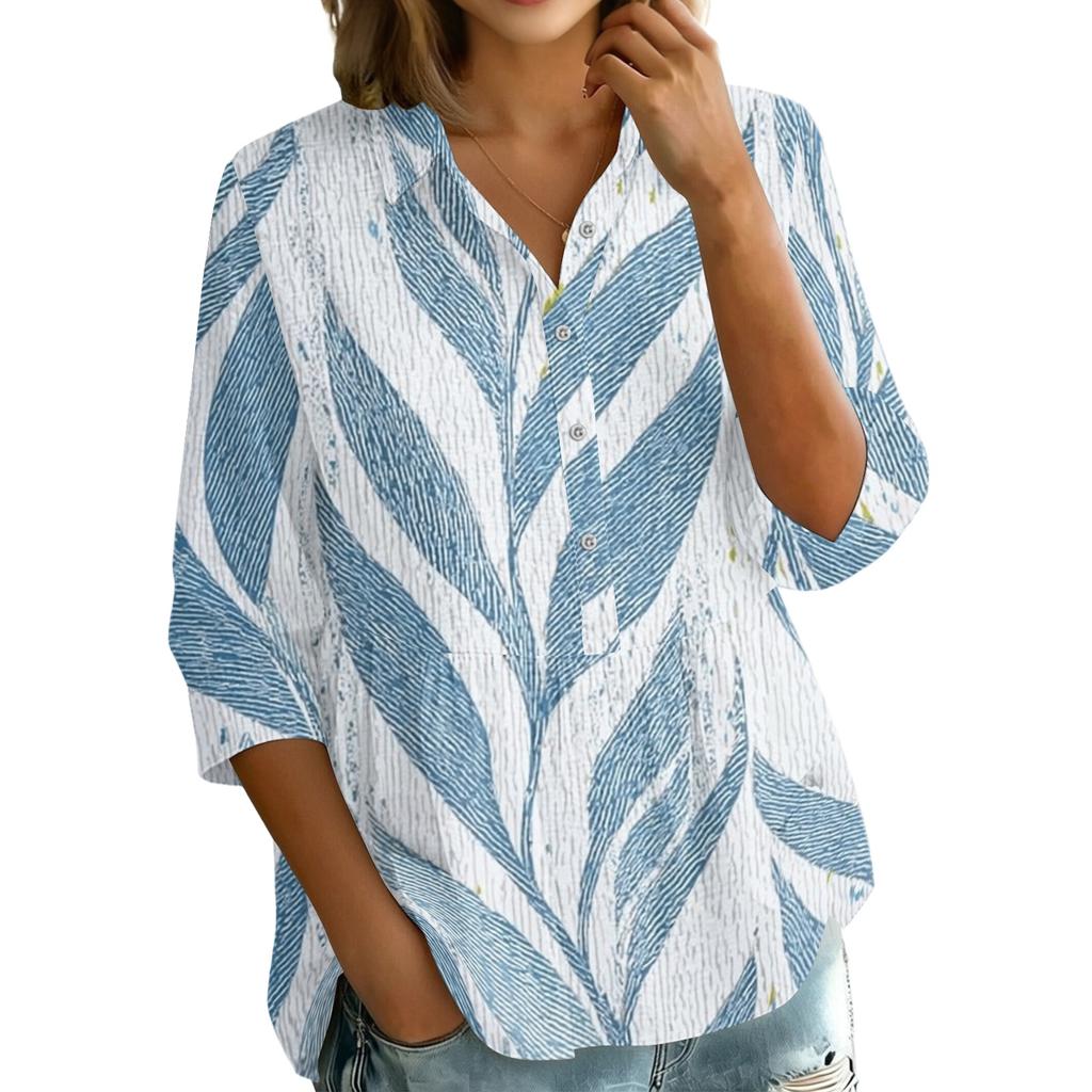 Women's Button Front Shirt Floral Print Three Quarter Sleeve Loose Fit Collar Blouse Casual Lightweight Top for Everyday Wear