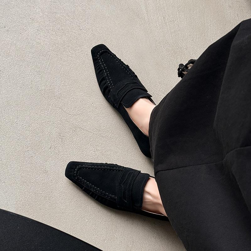 Fashion Retro Low-heel Wrinkle Women Pumps Cow Suede High Quality Shoes Woman 2025 Autumn Concise Casual Working Pumps Black Loafers