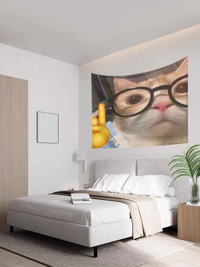 Funny Cute Cat Design Wall Hanging Tapestry Tree Silhouette Star Printed Rectangular Tapestry For Living Room Bedroom