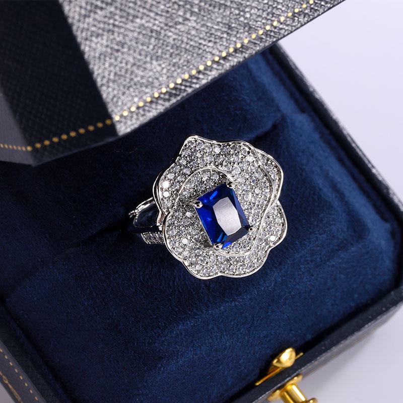Blue Square Diamond Flower Design Adjustable Ring Light Luxury Shiny AAAA Full Diamond High Sense Women's Jewelry