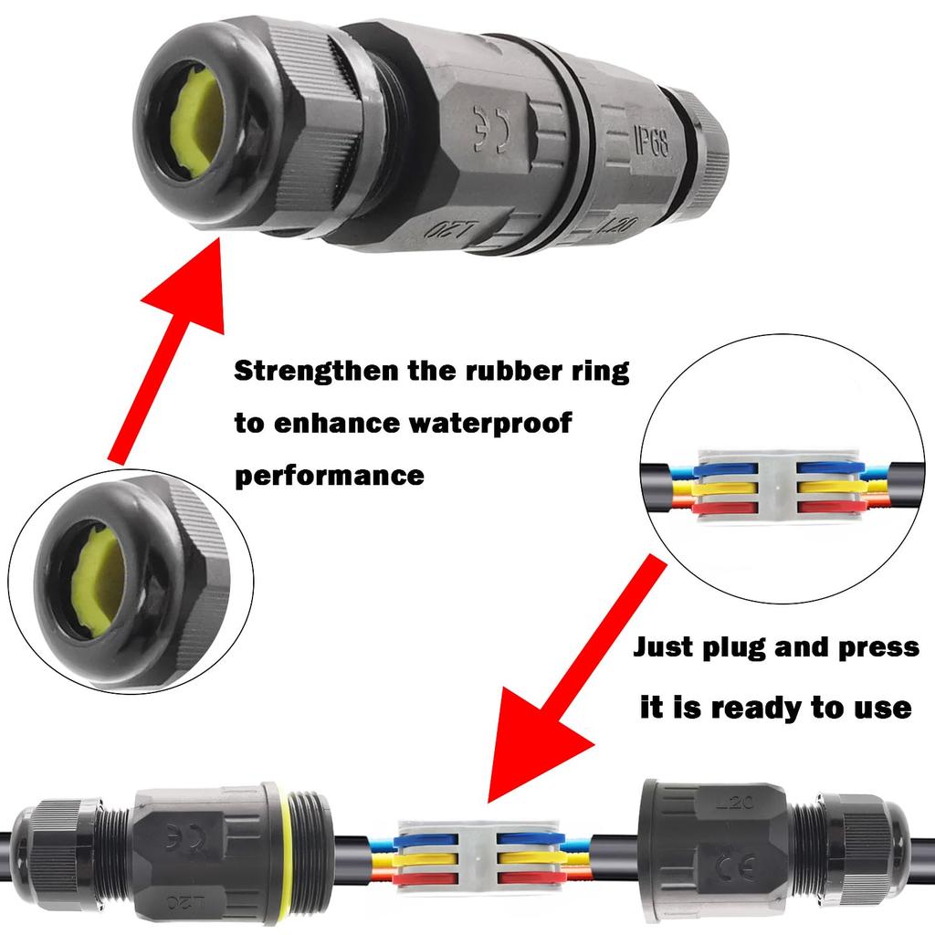 Waterproof Connectors CTRICALVER 3 Pin Push-in Terminal, L20 Direct Through, IP68, For Cable Diameter