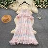 Summer Sleeveless Pink Printed Spaghetti-Strap Dress for Women Bohemian V-Neck Ruffled Splice A-line Chiffon Long Dress