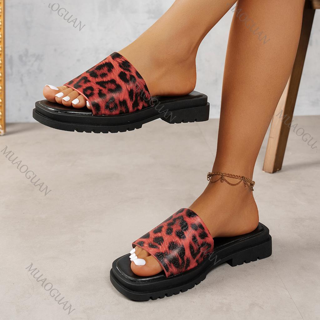Fashion Summer New Leopard Print Thick Heeled Slippers for Women Casual Square Toe Home Outside Wear Female Slides Platform Flip Flops