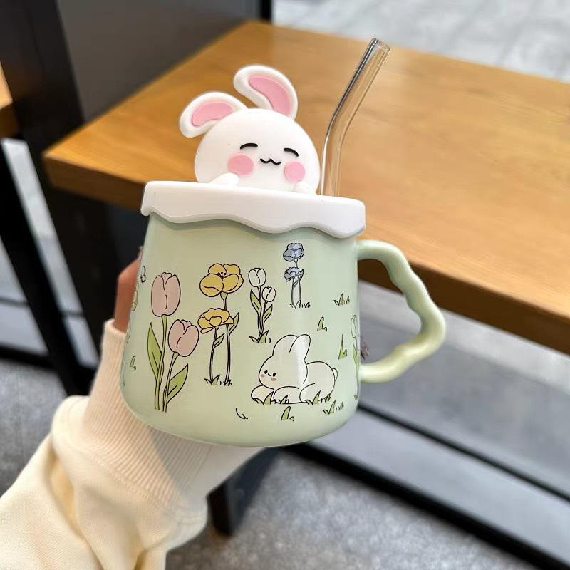 Rabbit Straw Mug Girl Heart Cup Cute Cartoon High Value Children's Water Cup Household Ceramic Cup with Lid