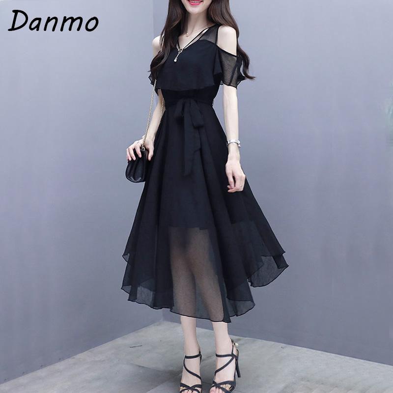 

Danmo Элегантное модное платье трапециевидной формы с v-образным вырезом и молнией с открытыми плечами и короткими рукавами, летнее черное однотонное шифоновое ампирное женское платье больших размеров