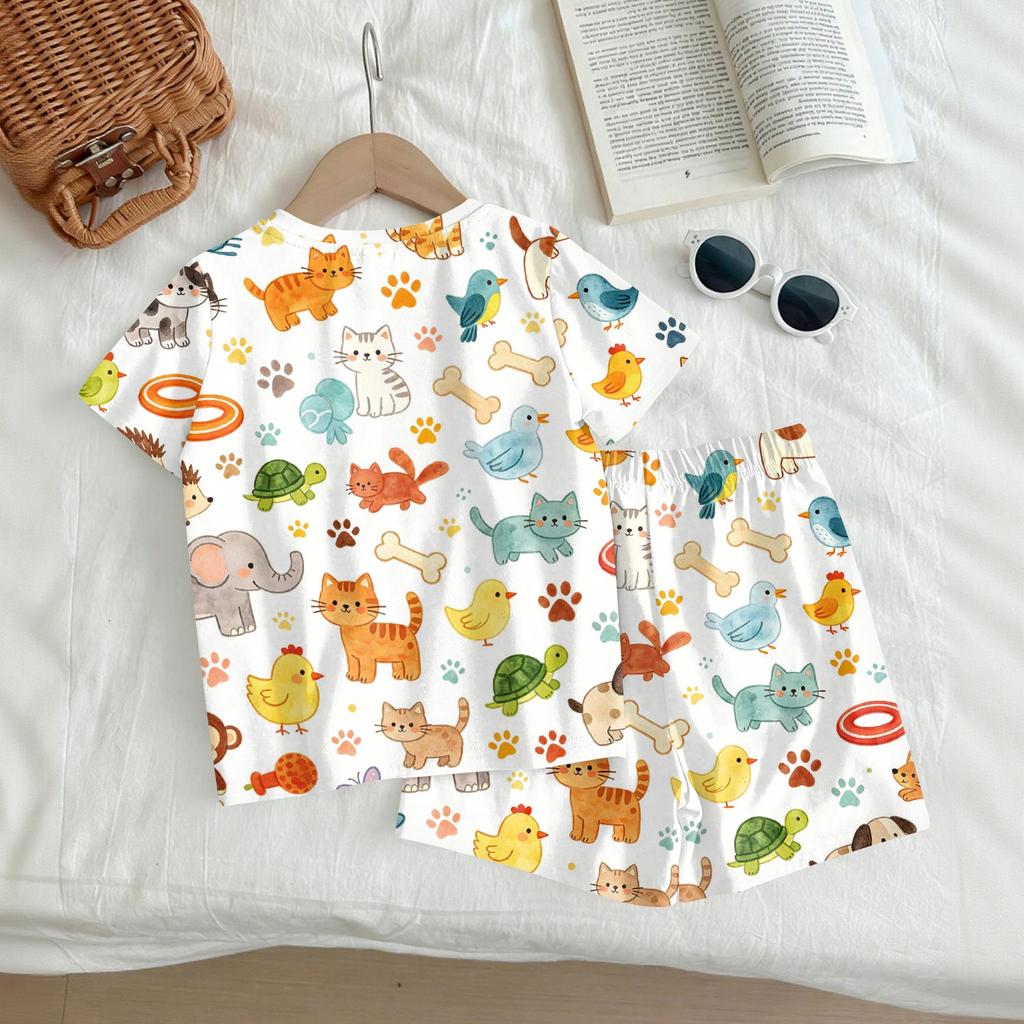 Kids Casual Short Sleeve Animal Print Top and Shorts Set Lightweight Breathable Soft Fabric Comfortable Fit