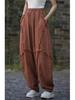 Spring Plus Size Ramie Brushed Lantern Pants, Casual Cotton-Linen Distressed Style for Women