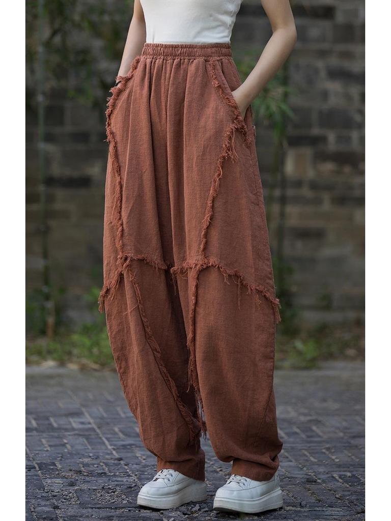 Spring Plus Size Ramie Brushed Lantern Pants, Casual Cotton-Linen Distressed Style for Women