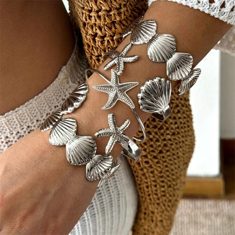 Conjunto de Pulseiras Boêmias de Conchas de Estrela-do-Mar: Design de Cerâmica Macia e Miçangas de Arroz para Mulheres