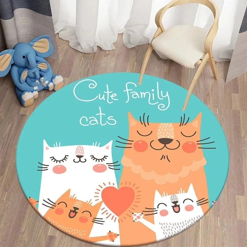 Cute Cat Round Carpet Cartoon Animal Cats Area Rug for Office Living Room Bedroom Decoration Non-slip Children's Crawl Floor Mat