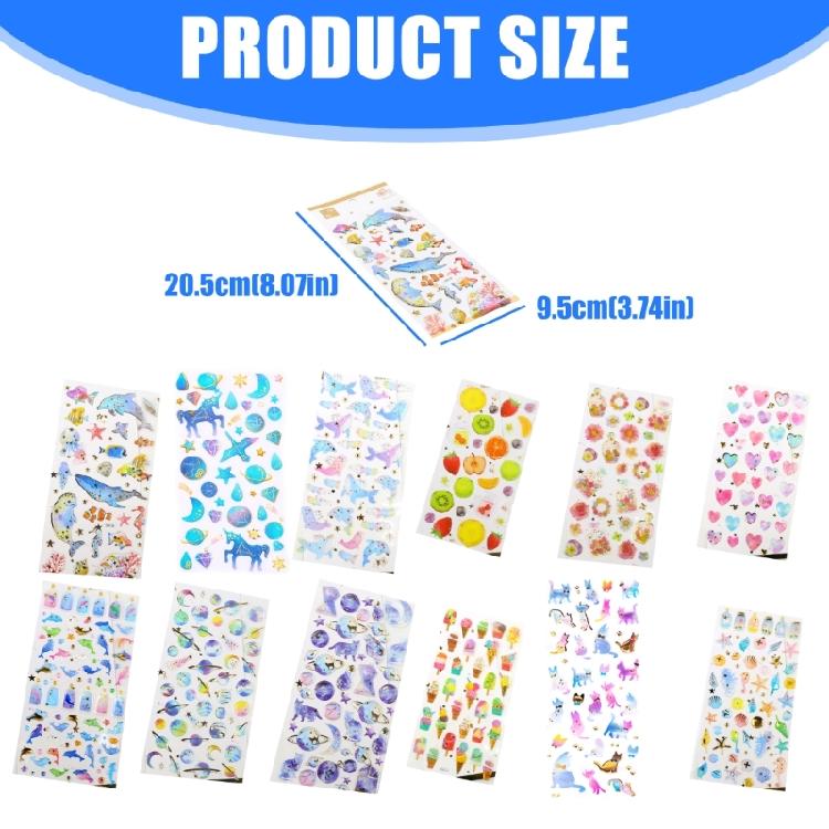 6Sheets Gold Foil Embossed Sticker Clear Cartoon PVC Resin Decorative Sticker for Journal Notebook Scrapbooking Supplies