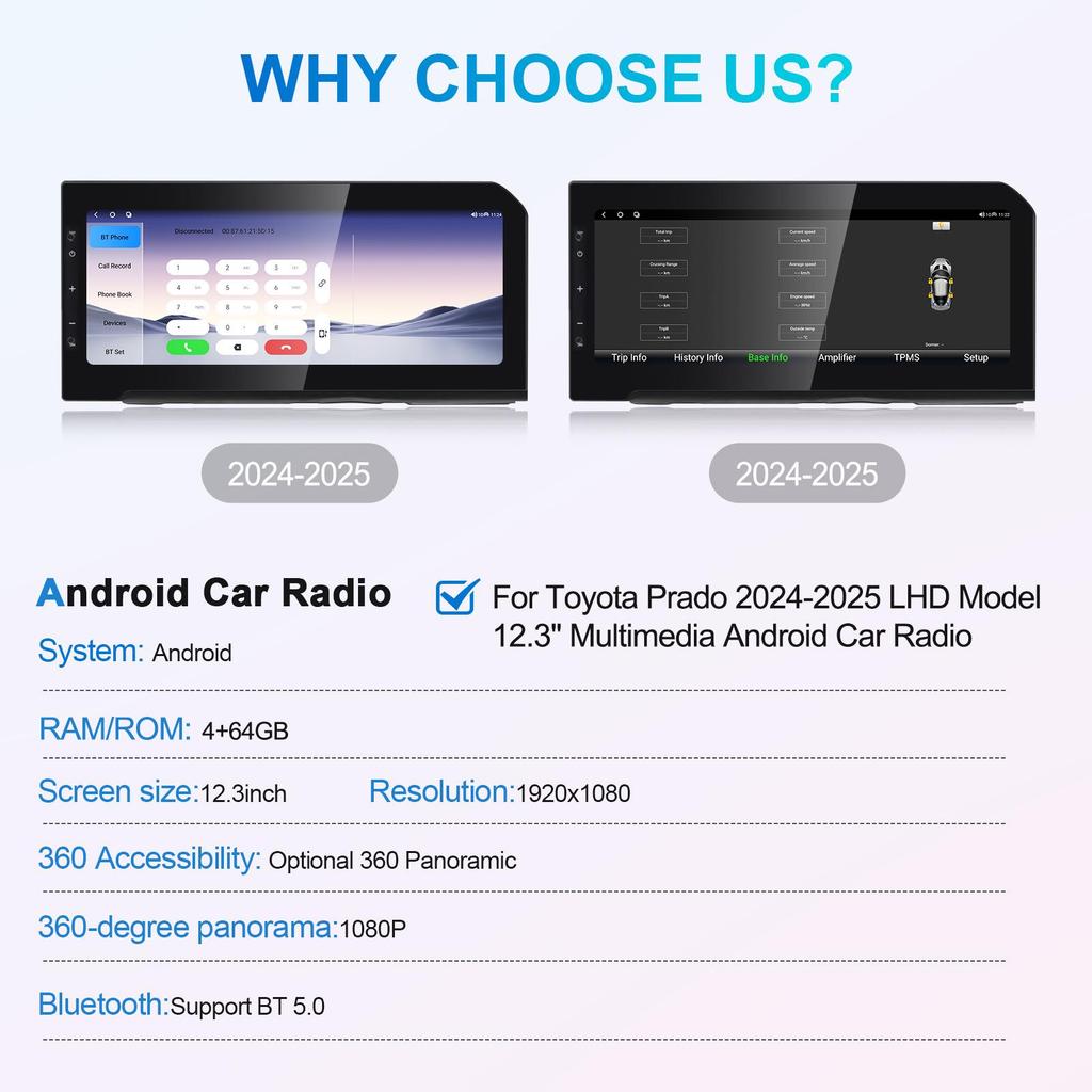 Toyota Prado 12.3-inch Android Infotainment System with Wireless CarPlay & Navigation.