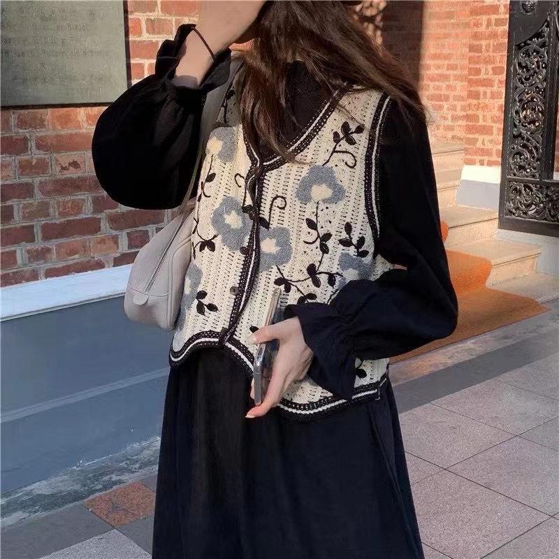 Retro Heklet Hul Ut V-hals Vest Dame Koreansk Broderi Mote Enkeltspent Ermeløs Vest Fransk Casual Overbekledning Topper
