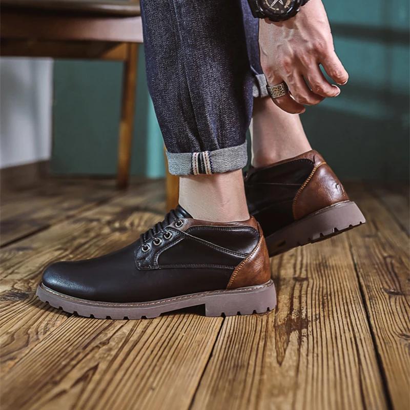 Autumn Men Ankle Boots Vintage Retro Lace Up Leather Motorcycle Western Boots Brown Classics Casual Shoes Male Plus Size 39-48