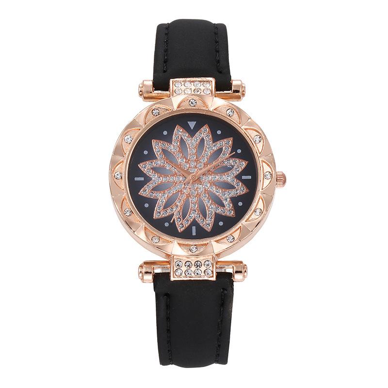 Hot-Selling Fashion Women s Quartz Watch - Simple Rhinestone Petal Design with Leather Strap чёрный