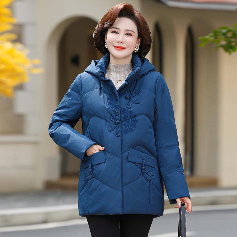 White Eiderdown Down Jacket Women's Loose Winter Clothes Retro Middle-aged and Elderly Mothers Plus Size Temperament Chinese Style Down Jacket