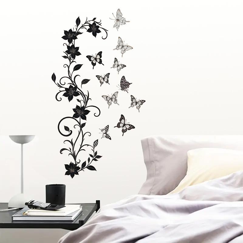 Black Floral Vine Butterfly Wall Sticker Self-Adhesive Removable for Living Room Hallway Bedroom Elegant Home Decor Art