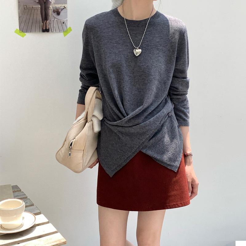 

Необычная футболка с перекрещенным передом и круглым вырезом из шерсти, тонкий повседневный стиль для начала осени, вязаный свитер с длинным рукавом, топ-свитер One Size