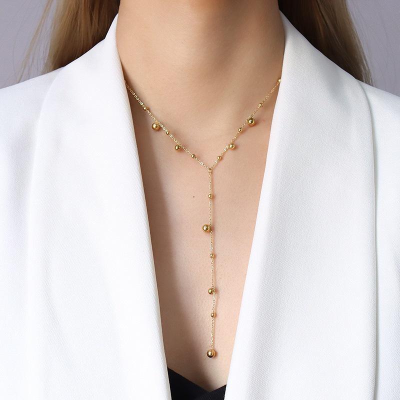 Trendy Women's Titanium Steel Tassel Necklace with Round Beads - Versatile Clavicle Chain Jewelry