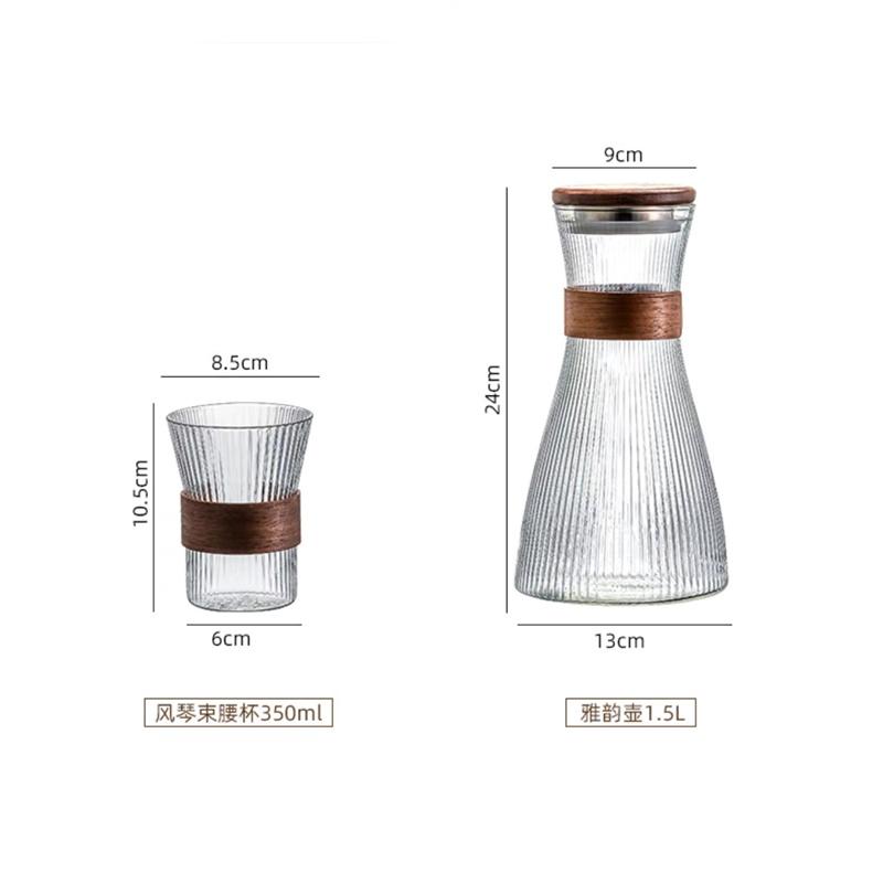 Japanese Style Glass Cold Water Jug Walnut Sleeve Heat Resistant Vertical Stripes Coffee Pot Juice Pitcher Tea Pot
