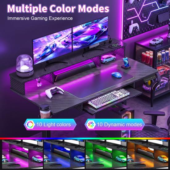 Stehschreibtisch Elektrischer Schreibtisch 48" x 24" Höhenverstellbar Gaming mit Steckdosen & LED-Leuchten Ergonomischer Sit-Stand-Auf-Ab Computer Tisch