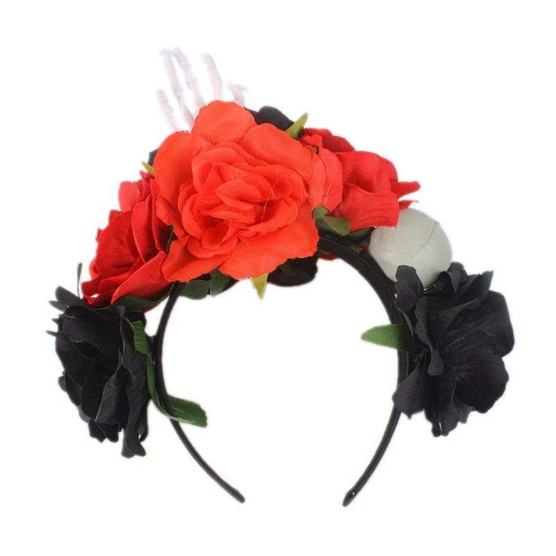 White Vintage Skulls Headdress Rose Headwear for Girls Halloween Hair Hoop Cosplay Ghost Rose Hair Hoop