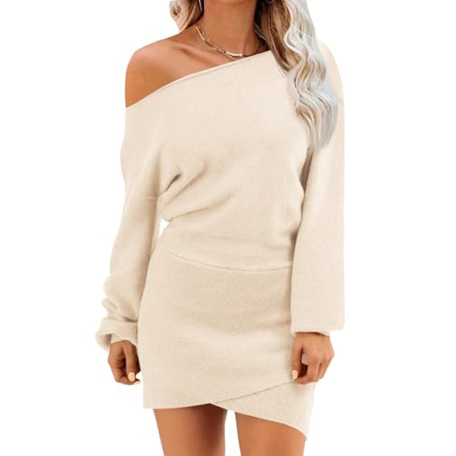 

Женское модное повседневное платье-свитер с открытыми плечами, вязаное однотонное платье с длинным рукавом XL бежевый