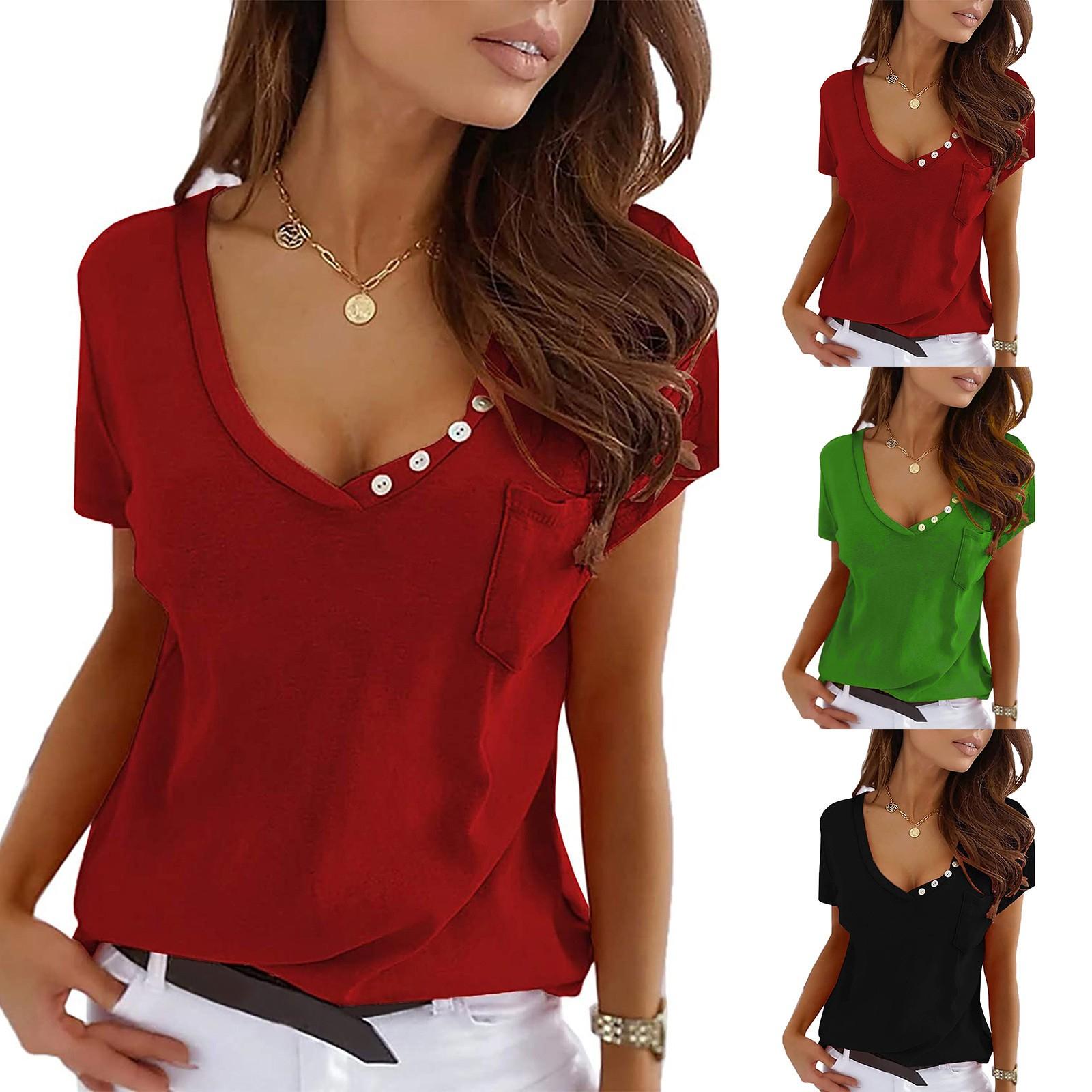 

Женская повседневная однотонная блузка с v-образным вырезом и короткими рукавами и карманами на пуговицах, футболка